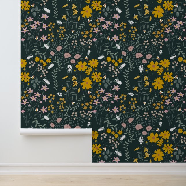 Senf Käfer und Bienen Bohemische Wildblumen Tapete (Anwendung)
