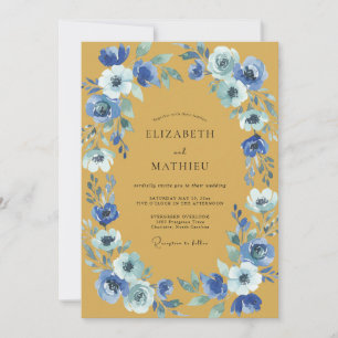 Senf-Kobalt-Ranunculus-Eukalyptus-Hochzeit Einladung