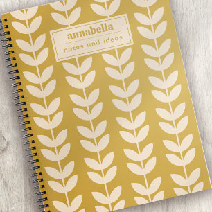 Senf Retro-Vibe-Blattmuster-Monogramm Notizbuch