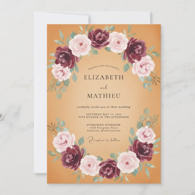 Senf-Rosa-Blüten-Hochzeit Einladung (Vorderseite)