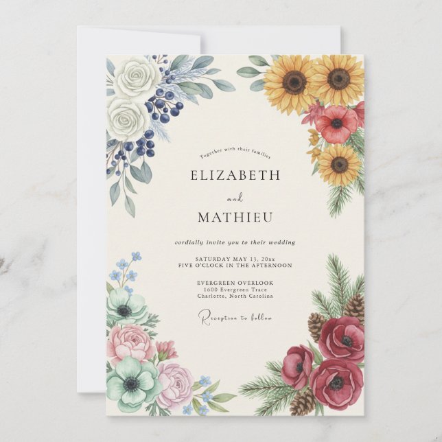 Senf-Sonnenblumen-Beeren-Hochzeit Einladung (Vorderseite)