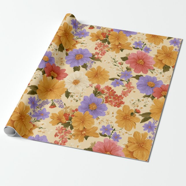 Senf-Terrakotta-Blau-Wildblume Geschenkpapier (Ungerollt)