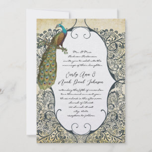 Senf und Marineblauer Pfau Liebesvogel Hochzeitsmu Einladung