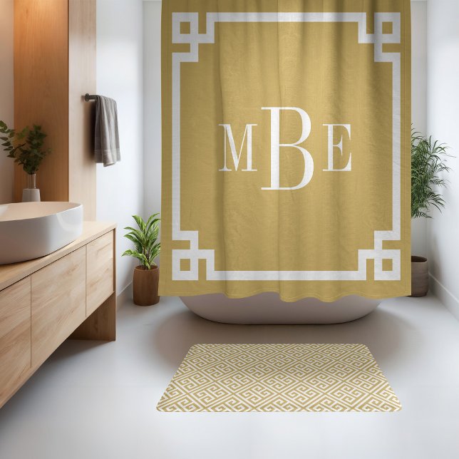 Senf und Weißgriechischer Schlüssel | MIT MONOGRAM Duschvorhang (Von Creator hochgeladen)