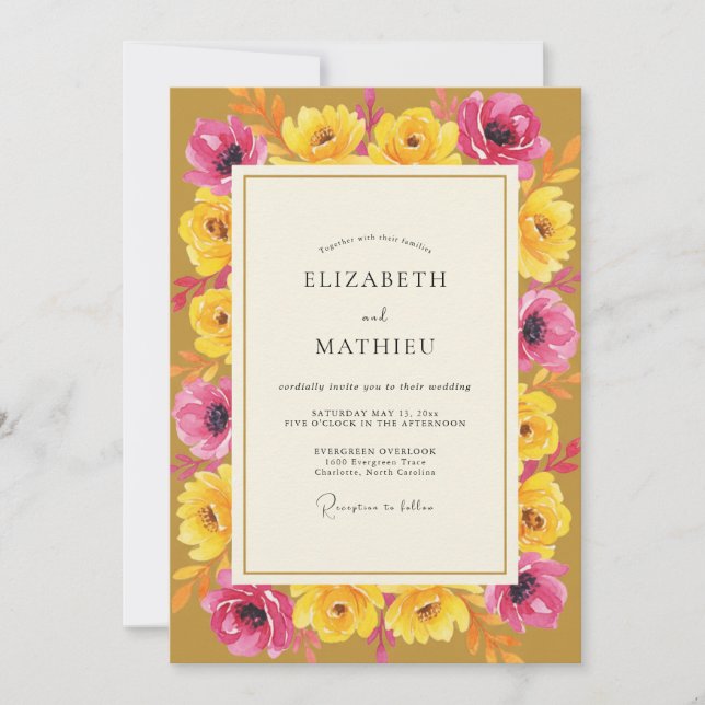 Senfblatt-Rosa-Mohn-Hochzeit Einladung (Vorderseite)