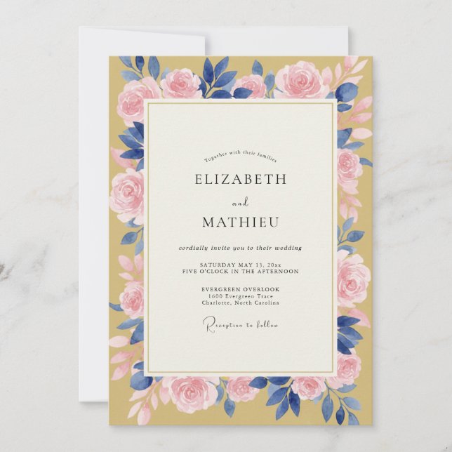 Senfblatt Rosa Rosenhochzeit Einladung (Vorderseite)