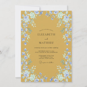 Senfblaue Blütenblatt-Hochzeit Einladung