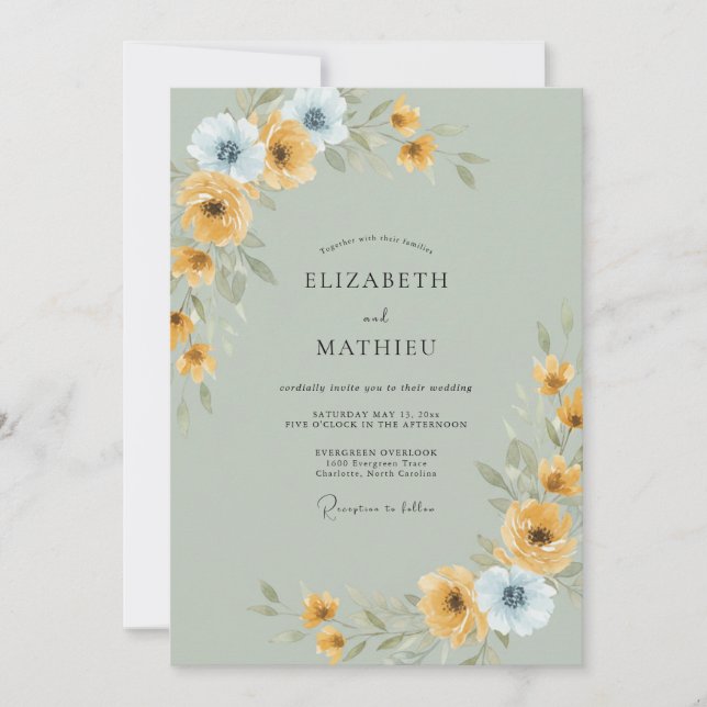 Senfblaue Ranunculus-Eukalyptus-Hochzeit Einladung (Vorderseite)