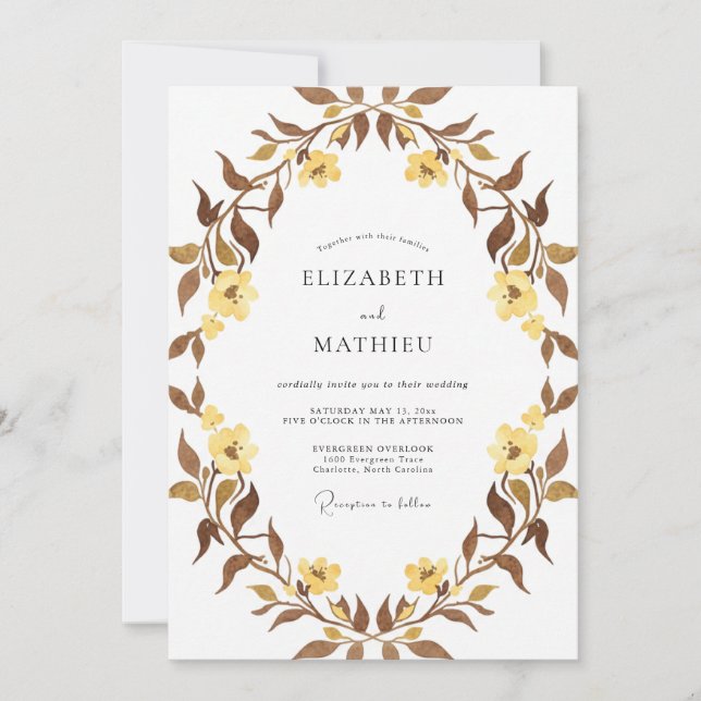 Senfbrauner Hochzeitskranz Einladung (Vorderseite)