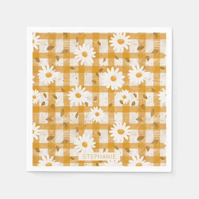 Senfgelb Gänseblümchen Creme Farmhaus Gingham Serviette (Vorderseite)
