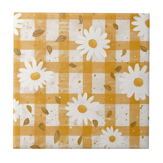 Senfgelb Gänseblümchen Creme Farmhouse Gingham Fliese (Vorderseite)