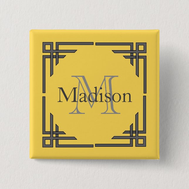 Senfgelb Graue Geometrische Rand Monogramm Name Button (Vorderseite)