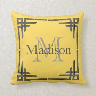 Senfgelb Graue Geometrische Rand Monogramm Name Kissen