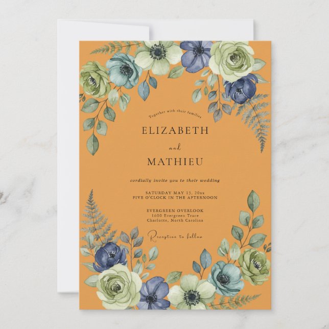 Senfgelb Indigo Bemalte Hochzeit Einladung (Vorderseite)