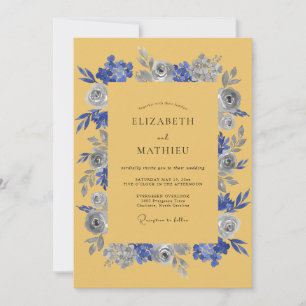 Senfgelb Indigo Florale Rustikale Hochzeit Einladung