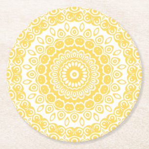 Senfgelb Mandala-Muster Runder Pappuntersetzer