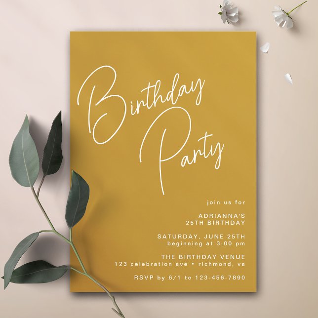 Senfgelb | Moderne Typografie Boho Birthday Einladung (Von Creator hochgeladen)
