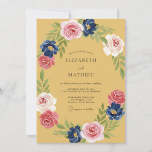 Senfgelb Pink Indigo Blütenblatt Hochzeit Einladung
