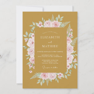 Senfgelb rosa Laub-Eukalyptus-Hochzeit Einladung