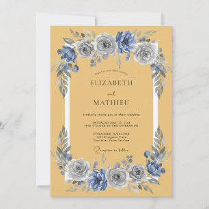 Senfgelb-Schieferblau-Blumen-Vintage-Hochzeit Einladung