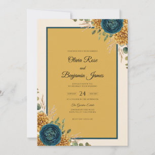 Senfgelb Türkisblaue Aquarell-Hochzeit Einladung