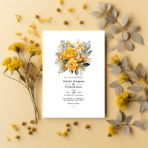 Senfgelb und Hellgraue Florale Hochzeit Einladung
