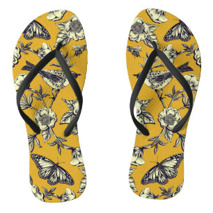 Senfgelb und Navy Vögel, Schmetterlinge und Blume Flip Flops