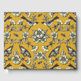 Senfgelb und Navy Vögel, Schmetterlinge und Blume Gästebuch