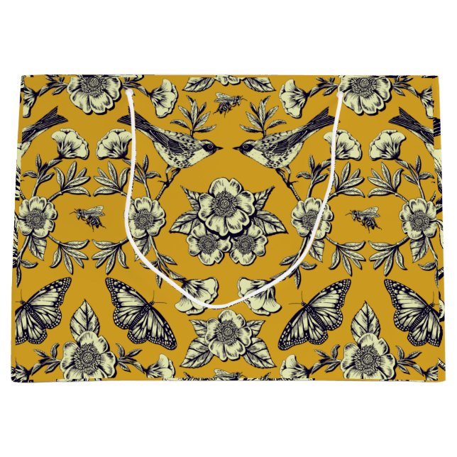 Senfgelb und Navy Vögel, Schmetterlinge und Blume Große Geschenktüte (Vorderseite)
