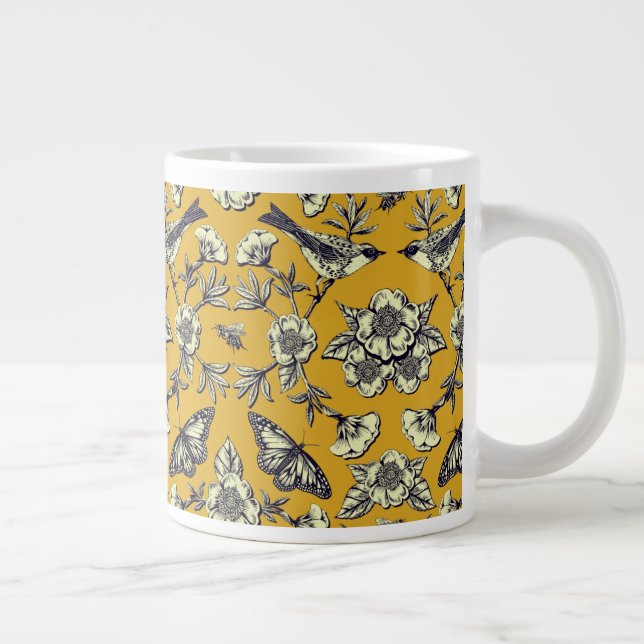 Senfgelb und Navy Vögel, Schmetterlinge und Blume Jumbo-Tasse (Rechts)