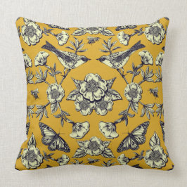 Senfgelb und Navy Vögel, Schmetterlinge und Blume Kissen