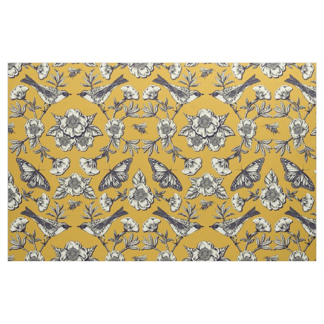Senfgelb und Navy Vögel, Schmetterlinge und Blume Stoff (Fat Quarter (45,7 x 55,9 cm))