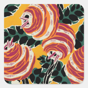 Senfgelb und Orange Art Deco Floraldekoration Quadratischer Aufkleber
