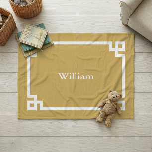 Senfgelb und Weiß Griechischer Schlüssel Monogramm Fleecedecke