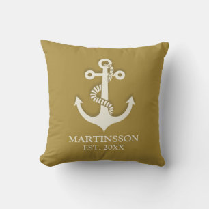 Senfgelb Weißer Anker Name Datum Maritim Kissen