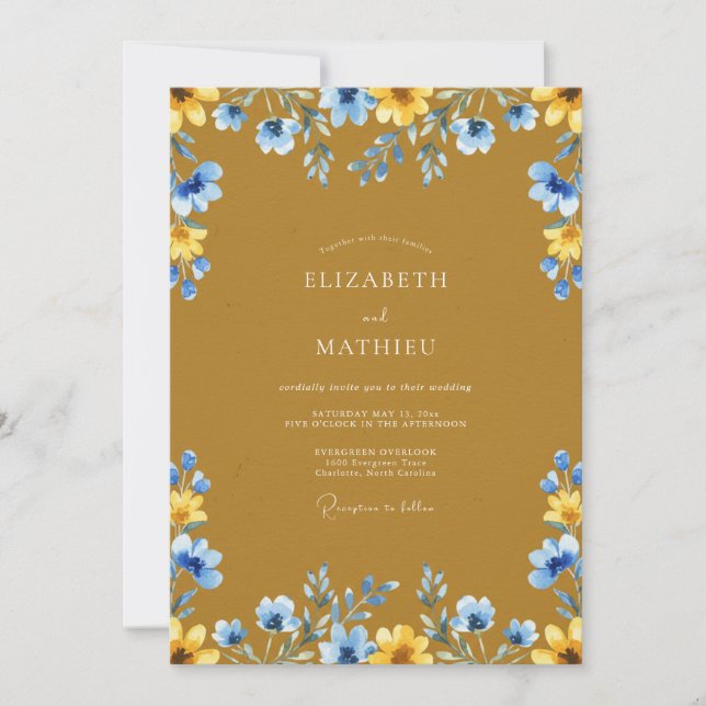 Senfgelbe Azure-Wildblumen-Hochzeit Einladung (Vorderseite)