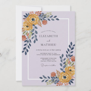 Senfgelbe Terrakotta-Lila-Blumen-Hochzeit Einladung