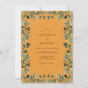 Senfgelbes Eukalyptus-Hochzeit mit Teal-Blattwerk Einladung