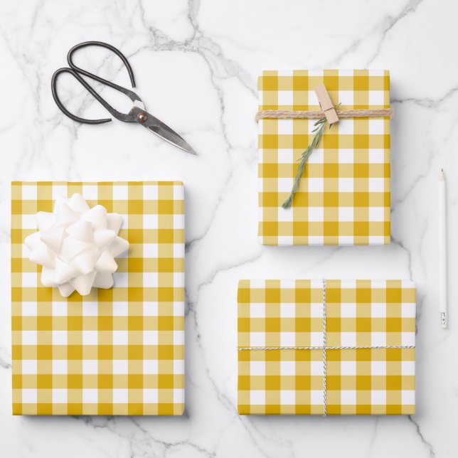 Senfgelbes Gingham Retro-Farbe Geschenkpapier Set (Vorderseite)