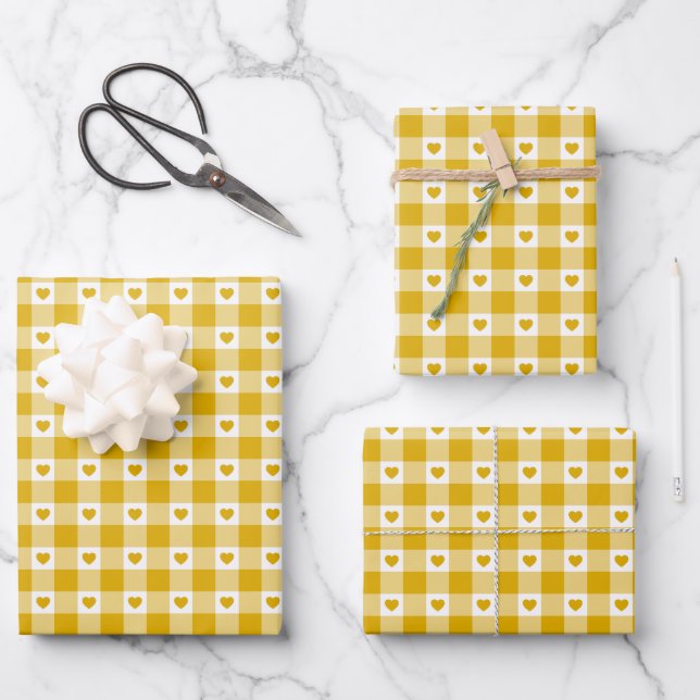 Senfgelbes Herz Karo Gingham Retro Farbe Geschenkpapier Set (Vorderseite)