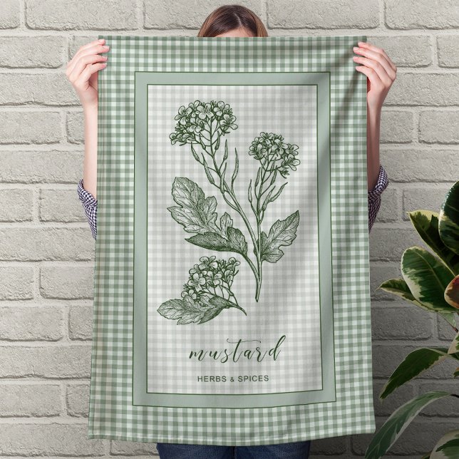 Senfkraut-Küchenhandtuch – grüne Gingham-Grenze Geschirrtuch (Mustard Herb Kitchen Towel – Green Gingham Border)