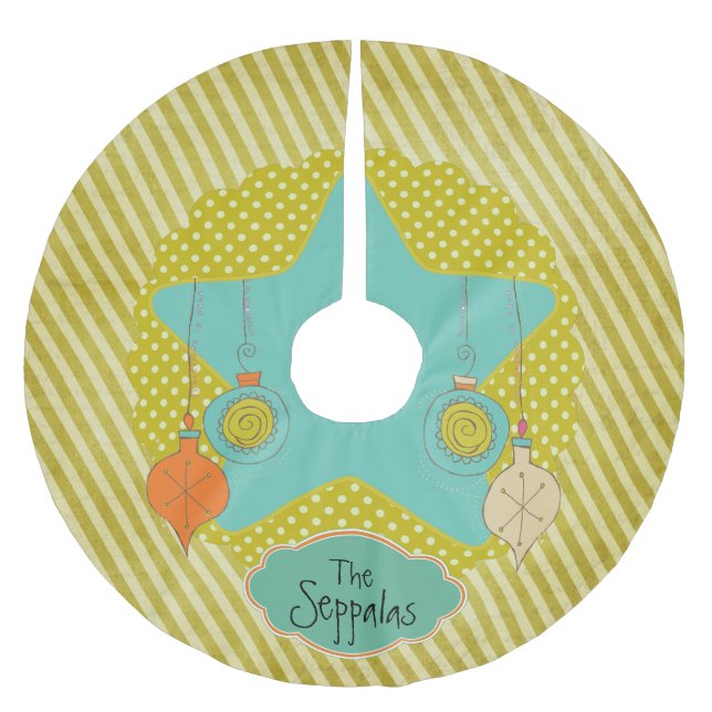 Senfpfoten und Streifen Personalisierter Baumrock Polyester Weihnachtsbaumdecke (Vorderseite)