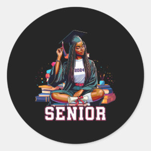 Senior 2024 Black Afro African Woman Abschluss Bo Runder Aufkleber