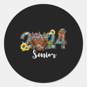 Senior 2024 Highland Cow Western Abschluss Class Runder Aufkleber