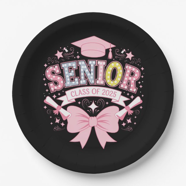 Senior Class of 2025 Abschluss Pink Coquette Bow Pappteller (Vorderseite)