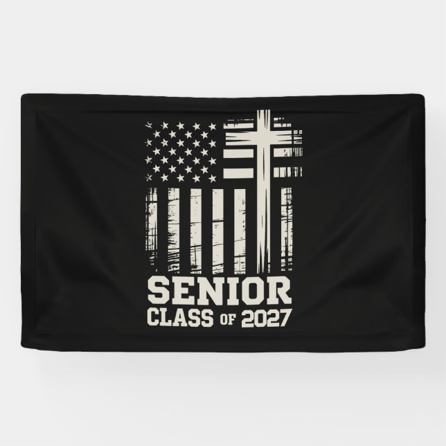 Senior Class Of 2027 USA Flag Cross Christian Grad Banner (Horizontal)