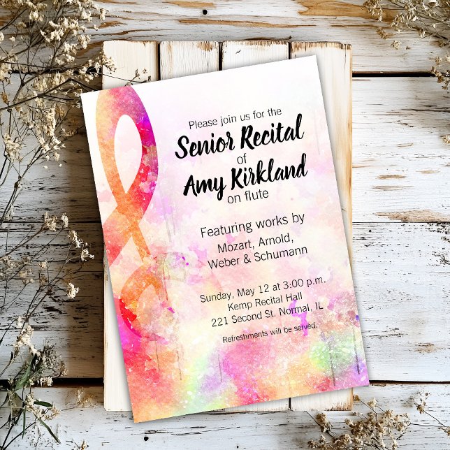 Senior Erwägung Watercolor Treble Clef Einladung (Pink watercolor abstract treble clef themed music recital invitation - customizable.)