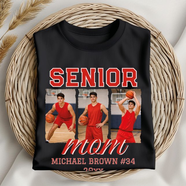 Senior Mom Basketball Photo Collage Custom Name T-Shirt (Von Creator hochgeladen)
