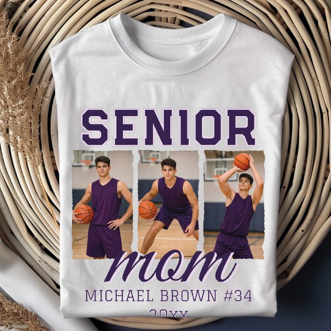 Senior Mom Basketball Photo Collage Custom Name T-Shirt (Von Creator hochgeladen)