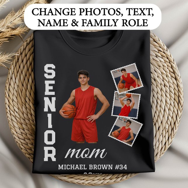 Senior Mom Basketball Photo Collage Custom Name T-Shirt (Von Creator hochgeladen)
